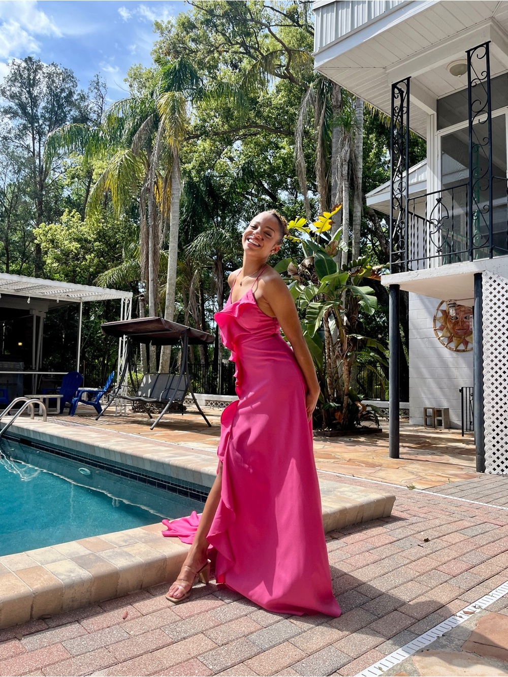 Hot Pink Ruffle Slit Gown - Picture 2 of 5